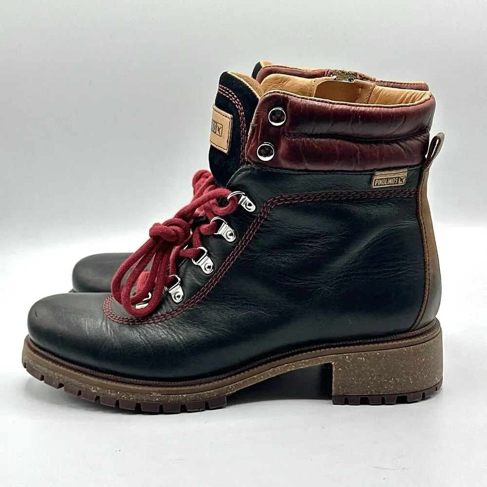 Pikolinos Aspe Leather Boots Womens 7.5-8 EU 38 Black Zip Hiker Red Lace Lug